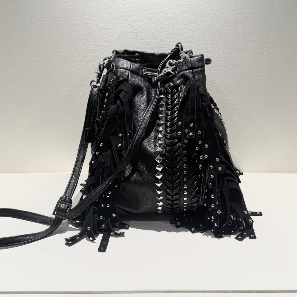 Stunning Black Fringe Tote with Studded Details